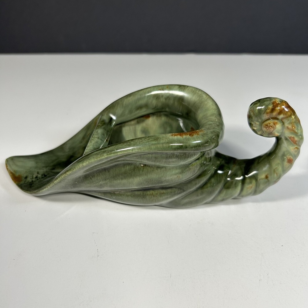 Vintage Art Pottery Small Green & Brown Cornucopia Planter